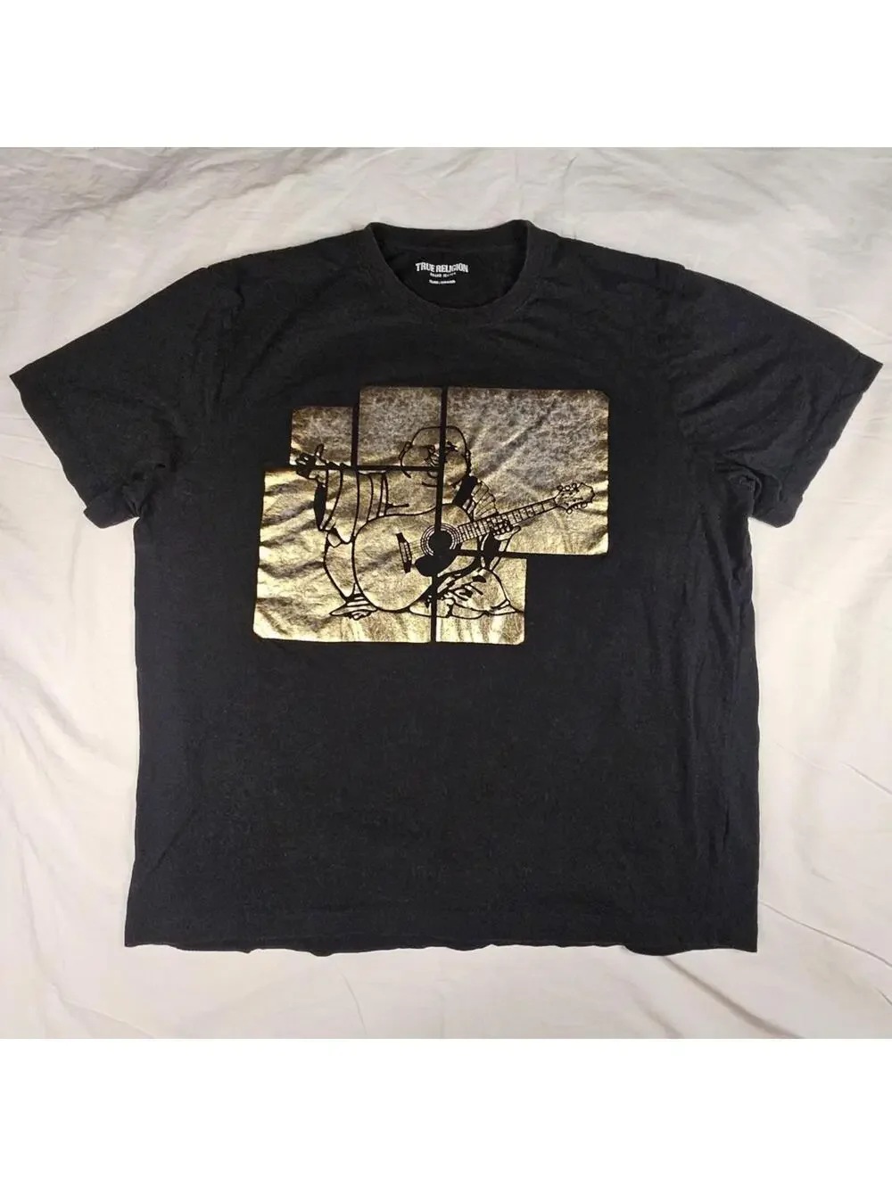 True Religion Mens 2XL Black T-Shirt Gold Foil Buddha Guitar Graphic Tee